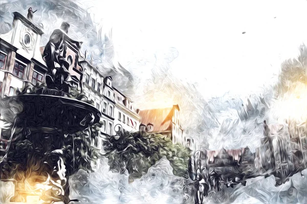 Polonya 'daki Gdansk şehrinin mimarisinin güzel bir görüntüsünün suluboya çizimi veya çizimi