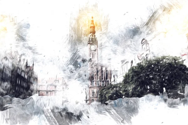 Polonya 'daki Gdansk şehrinin mimarisinin güzel bir görüntüsünün suluboya çizimi veya çizimi