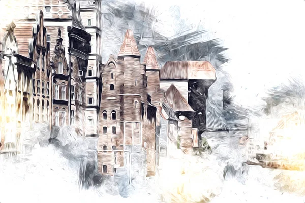 Polonya 'daki Gdansk şehrinin mimarisinin güzel bir görüntüsünün suluboya çizimi veya çizimi