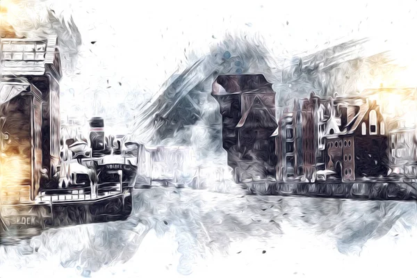 Polonya 'daki Gdansk şehrinin mimarisinin güzel bir görüntüsünün suluboya çizimi veya çizimi