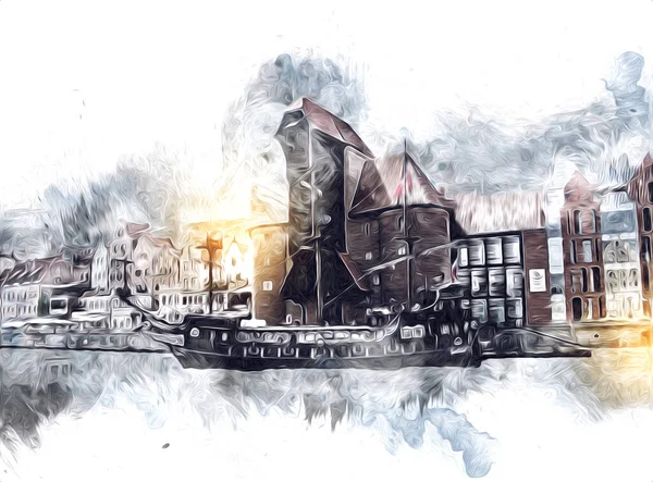 Polonya 'daki Gdansk şehrinin mimarisinin güzel bir görüntüsünün suluboya çizimi veya çizimi