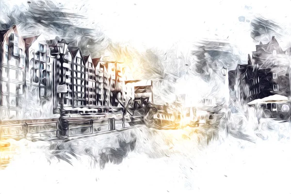 Polonya 'daki Gdansk şehrinin mimarisinin güzel bir görüntüsünün suluboya çizimi veya çizimi