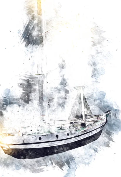 Yelkenli tekneler rıhtıma, liman sanatı illüstrasyonları klasik