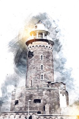 El çizimi suluboya deniz feneri illüstrasyon sanat klasiği çizimi