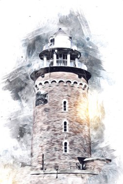 El çizimi suluboya deniz feneri illüstrasyon sanat klasiği çizimi