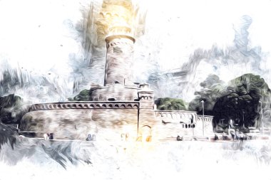 El çizimi suluboya deniz feneri illüstrasyon sanat klasiği çizimi