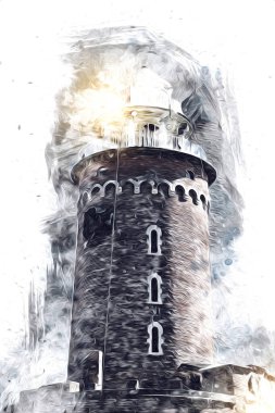 El çizimi suluboya deniz feneri illüstrasyon sanat klasiği çizimi