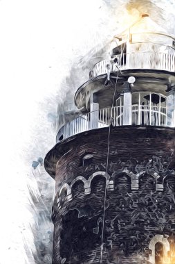 El çizimi suluboya deniz feneri illüstrasyon sanat klasiği çizimi