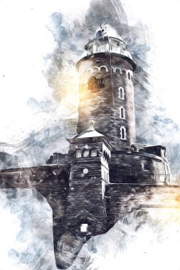 El çizimi suluboya deniz feneri illüstrasyon sanat klasiği çizimi