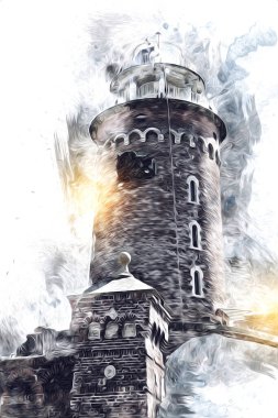 El çizimi suluboya deniz feneri illüstrasyon sanat klasiği çizimi