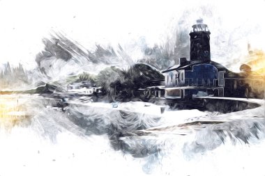 El çizimi suluboya deniz feneri illüstrasyon sanat klasiği çizimi