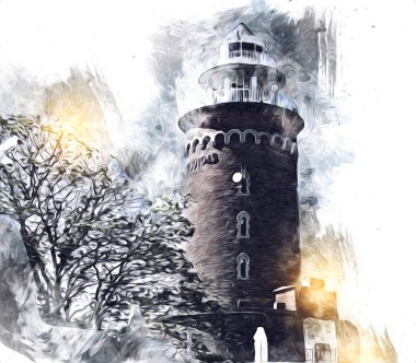 El çizimi suluboya deniz feneri illüstrasyon sanat klasiği çizimi