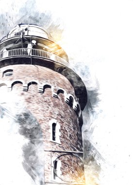 El çizimi suluboya deniz feneri illüstrasyon sanat klasiği çizimi