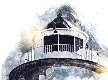 El çizimi suluboya deniz feneri illüstrasyon sanat klasiği çizimi
