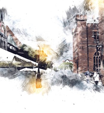 Kolobrzeg eski şehir, belediye binası, poland resim çizimi