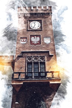 Kolobrzeg eski şehir, belediye binası, poland resim çizimi