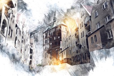 Kolobrzeg eski şehir, belediye binası, poland resim çizimi