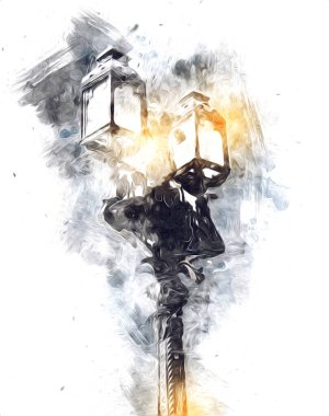 Antika sokak feneri el yapımı sanat eskileri çiziyor.