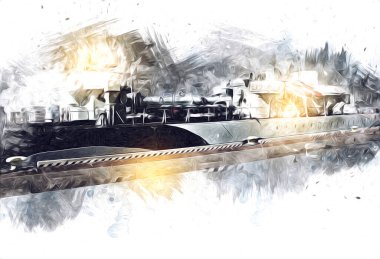 Savaş gemisi deniz illüstrasyonu antika sanat eseri çizimi