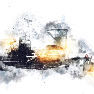 Savaş gemisi deniz illüstrasyonu antika sanat eseri çizimi