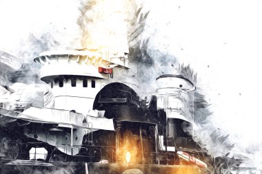 Savaş gemisi deniz illüstrasyonu antika sanat eseri çizimi