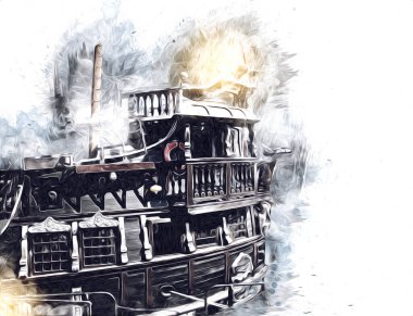 Deniz illüstrasyonunda yelken açan korsan gemisi klasik eskiz çiziyor.