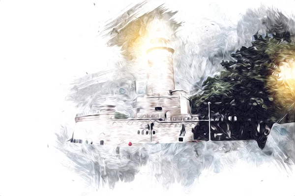 El çizimi suluboya deniz feneri illüstrasyon sanat klasiği çizimi