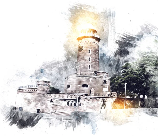 El çizimi suluboya deniz feneri illüstrasyon sanat klasiği çizimi