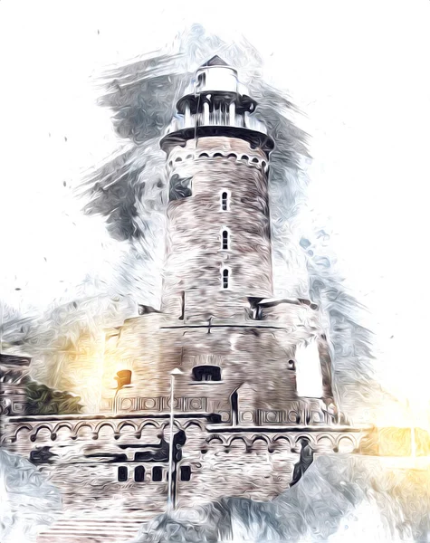 El çizimi suluboya deniz feneri illüstrasyon sanat klasiği çizimi