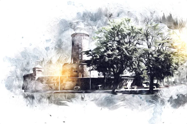 El çizimi suluboya deniz feneri illüstrasyon sanat klasiği çizimi