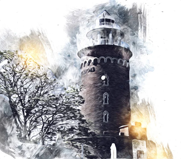 El çizimi suluboya deniz feneri illüstrasyon sanat klasiği çizimi