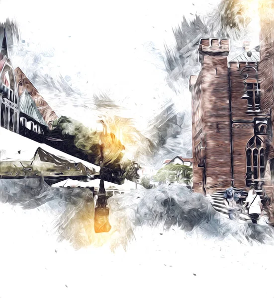 Kolobrzeg eski şehir, belediye binası, poland resim çizimi