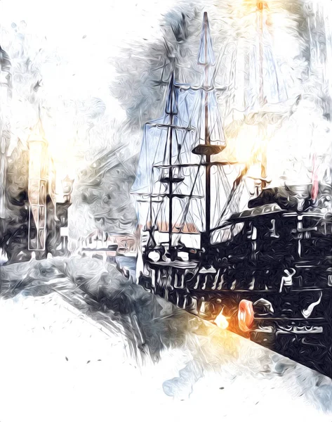 在海上航行的海盗船插图艺术素描素描 — 图库照片