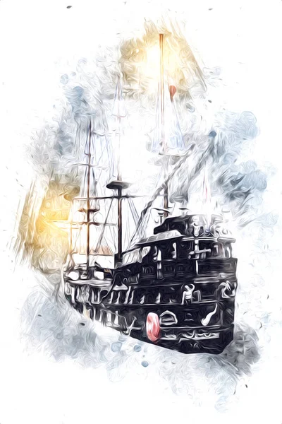 Pirate Statek Żeglarstwo Morzu Ilustracja Sztuka Rysunek Szkic Vintage — Zdjęcie stockowe