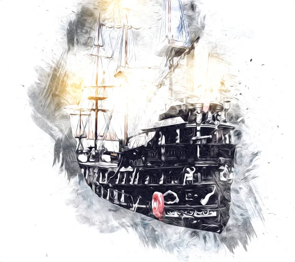 Deniz Illüstrasyonunda Yelken Açan Korsan Gemisi Klasik Eskiz Çiziyor — Stok fotoğraf