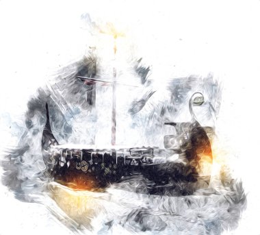 Deniz illüstrasyonunda yelken açan korsan gemisi klasik eskiz çiziyor.