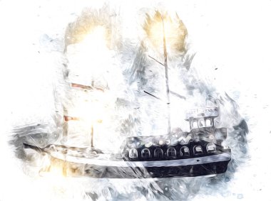 Deniz illüstrasyonunda yelken açan korsan gemisi klasik eskiz çiziyor.