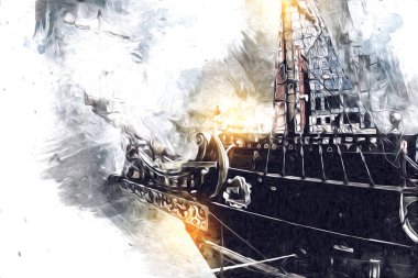 Deniz illüstrasyonunda yelken açan korsan gemisi klasik eskiz çiziyor.