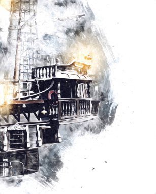 Deniz illüstrasyonunda yelken açan korsan gemisi klasik eskiz çiziyor.