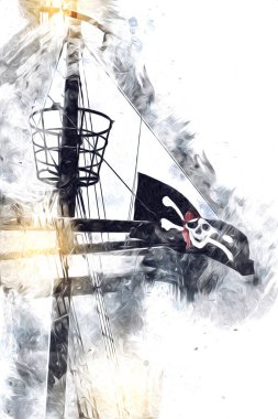 Korsan bayrağında kafatası ve kemikler, resim çizimi klasik