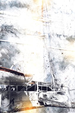 Antika tekne deniz motifi el yapımı sanat eseri çizimi