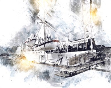 Antika tekne deniz motifi el yapımı sanat eseri çizimi