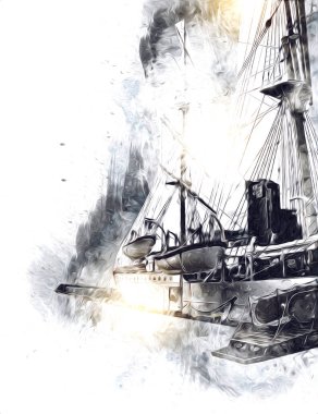 Antika tekne deniz motifi el yapımı sanat eseri çizimi