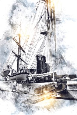 Antika tekne deniz motifi el yapımı sanat eseri çizimi