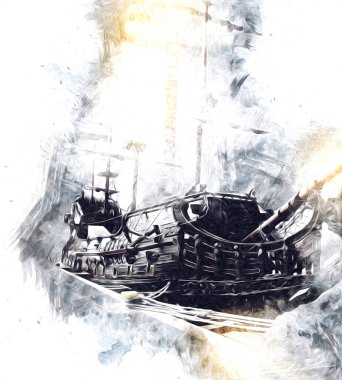 Antika tekne deniz motifi el yapımı sanat eseri çizimi