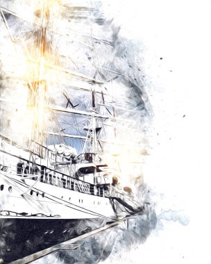 Antika tekne deniz motifi el yapımı sanat eseri çizimi