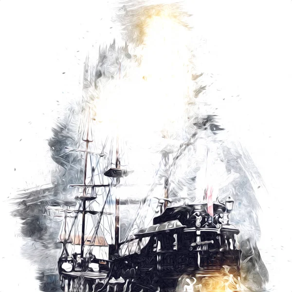 Piratenschip Zeilen Zee Illustratie Kunst Tekening Schets Vintage — Stockfoto