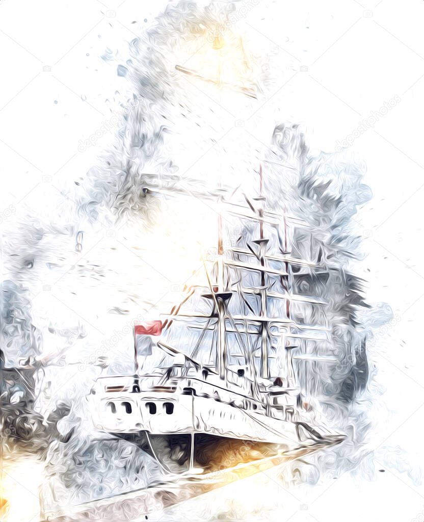 Antique boat sea motive drawing handmade illustration art vintage drawing