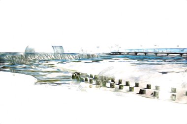 Beyaz kumlu güzel bir sahil, yaz tatili sanat çizimleri için doğal arka plan.