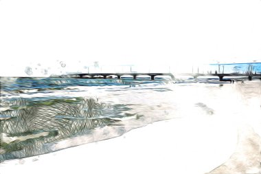 Beyaz kumlu güzel bir sahil, yaz tatili sanat çizimleri için doğal arka plan.